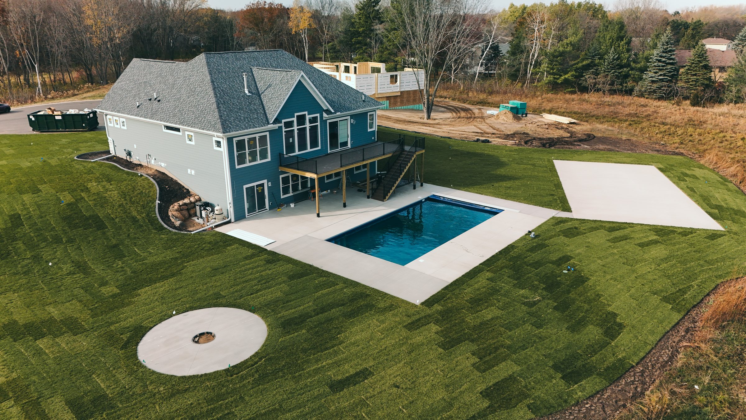 Drone shot of a finished backyard pool project